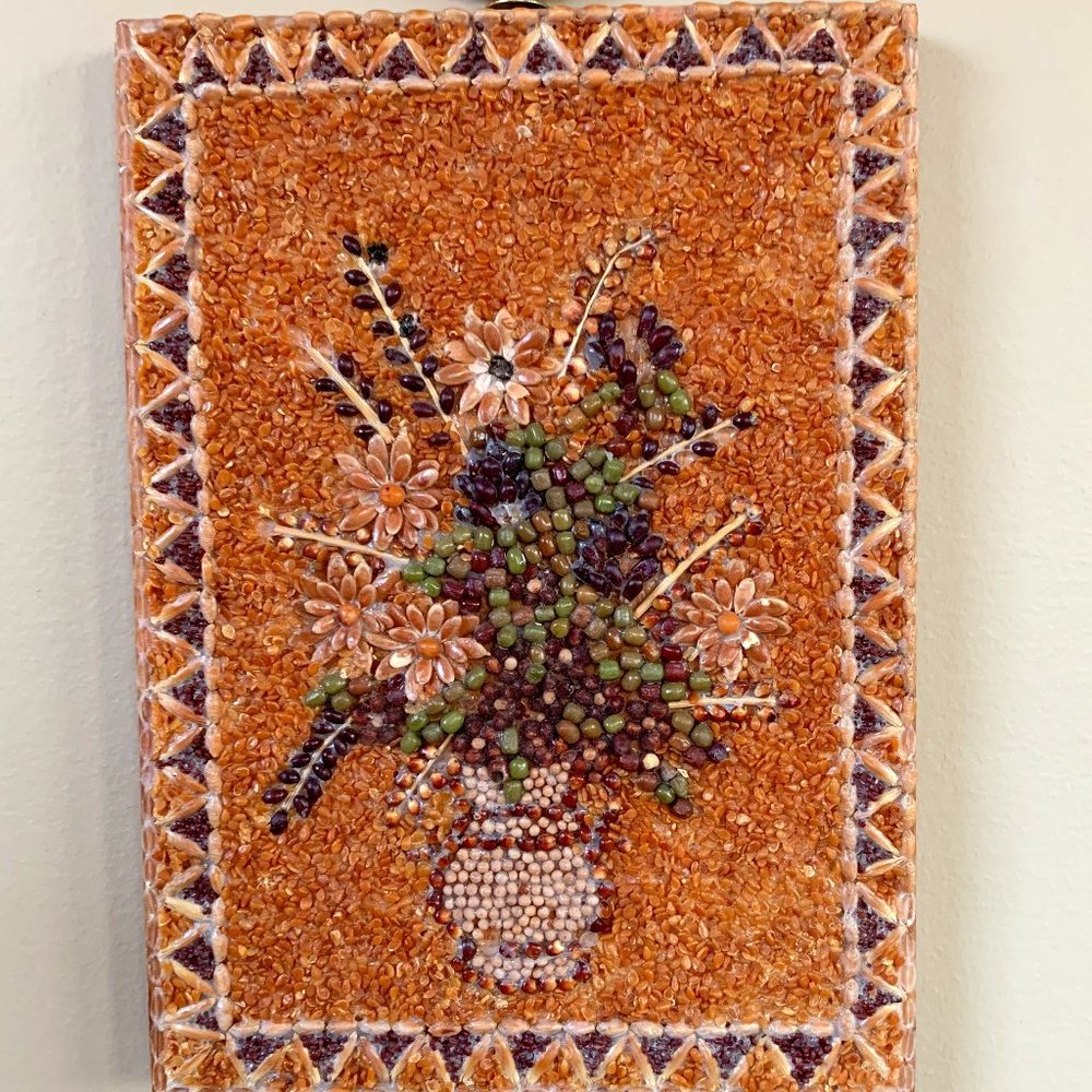 ▫️Vtg Hand Crafted Seed Bead Floral Wall Art Hanging